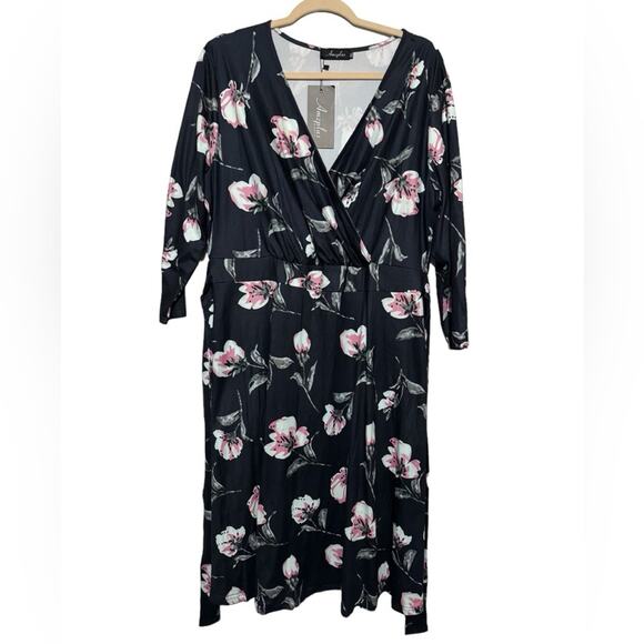 AmzPlus NWT Navy Blue Purple Spring Floral Modest Midi Dress Women’s Size XXL‎ - Picture 1 of 6